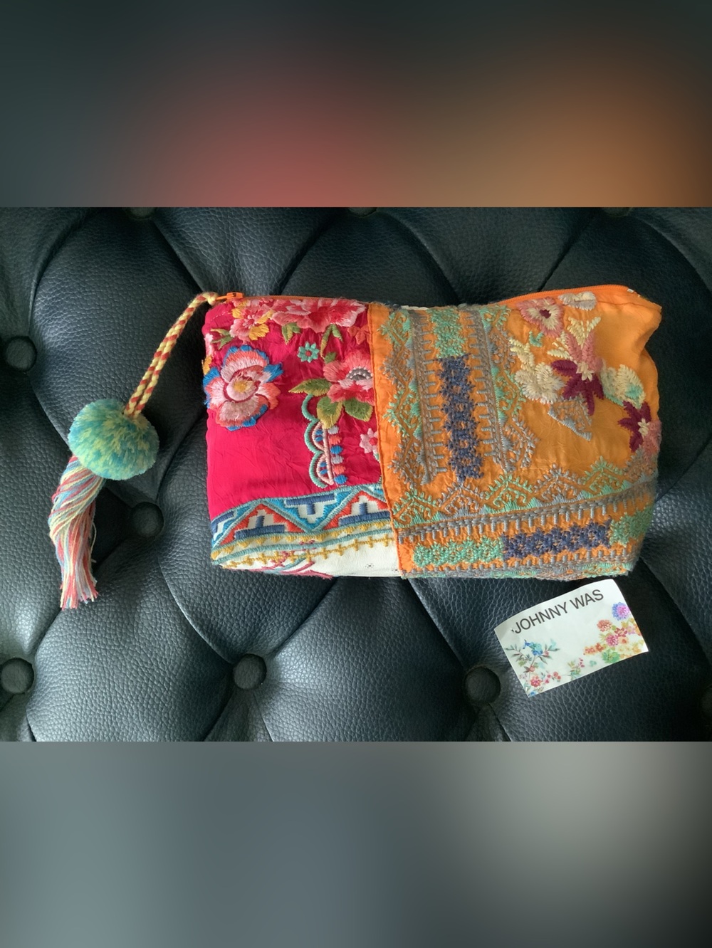 Johnny Was Embroidered Clutch Tasseled Soft Bohemian 8x10” Lined